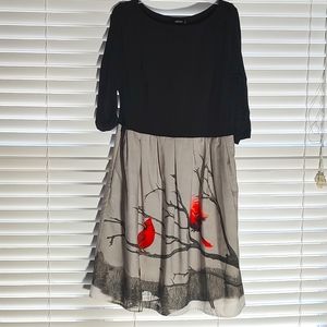 eShakti Black Cardinal Bird Print Pleated Dress